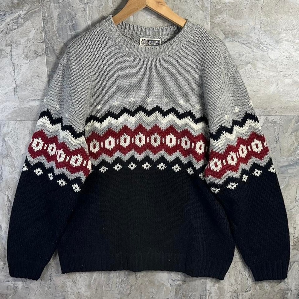 Vintage 90s Route 66 Original Fair Isle Knit Sweater L Gray  Burgundy Wool Blend